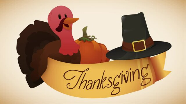 Cute turkey with pumpkin, pilgrim's hat and golden thanksgiving ribbon. Video animated 4K