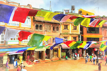 Old houses near Boudhanath stupa colorful painting looks like picture, Kathmandu, Nepal.