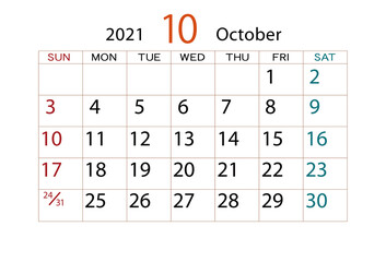 2021年カレンダー10月