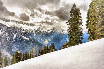 Fototapeta premium Scenary mountain landscape colorful painting, Jammu and Kashmir, India.