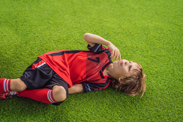 Little cute kid boy in red football uniform and his trainer or father playing soccer, football on field, outdoors. Active child making sports with kids or father, Smiling happy boy having fun in