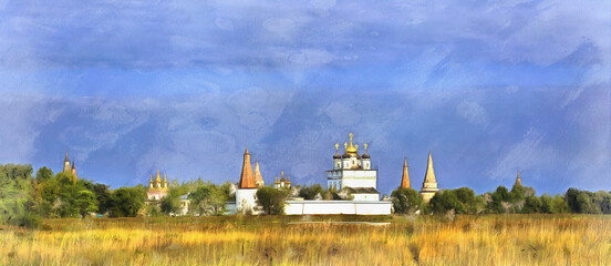 Panoramic image of Iosifo-Volotskiy monastery colorful painting looks like picture, Moscow region, Russia.