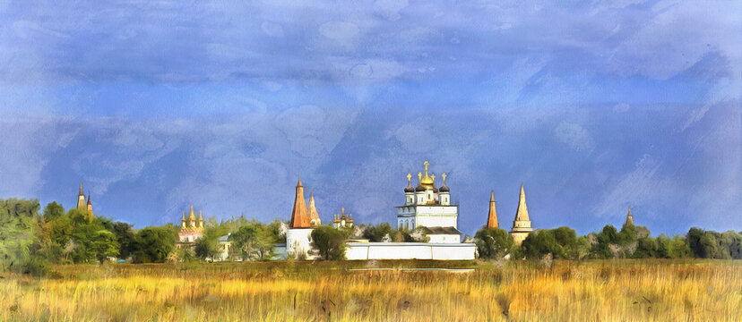 Panoramic image of Iosifo-Volotskiy monastery colorful painting looks like picture, Moscow region, Russia.