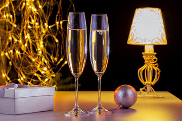 Champagne, Gift Box And New Year Decoration. Merry Christmas.