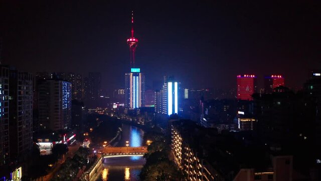 Aerial view of the chengdu 339 tv tower during the night
