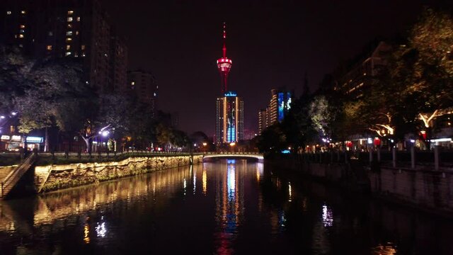 Aerial view of the chengdu 339 tv tower during the night