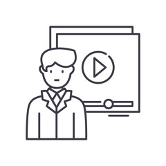 Video blogging icon, linear isolated illustration, thin line vector, web design sign, outline concept symbol with editable stroke on white background.