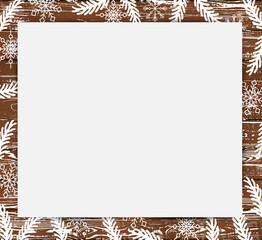 Obraz premium Winter background with snowflakes on dark wooden background with paper sheet. Place for text. Great for Merry Christmas and New Year, invitation, winter sale. Vector illustration.