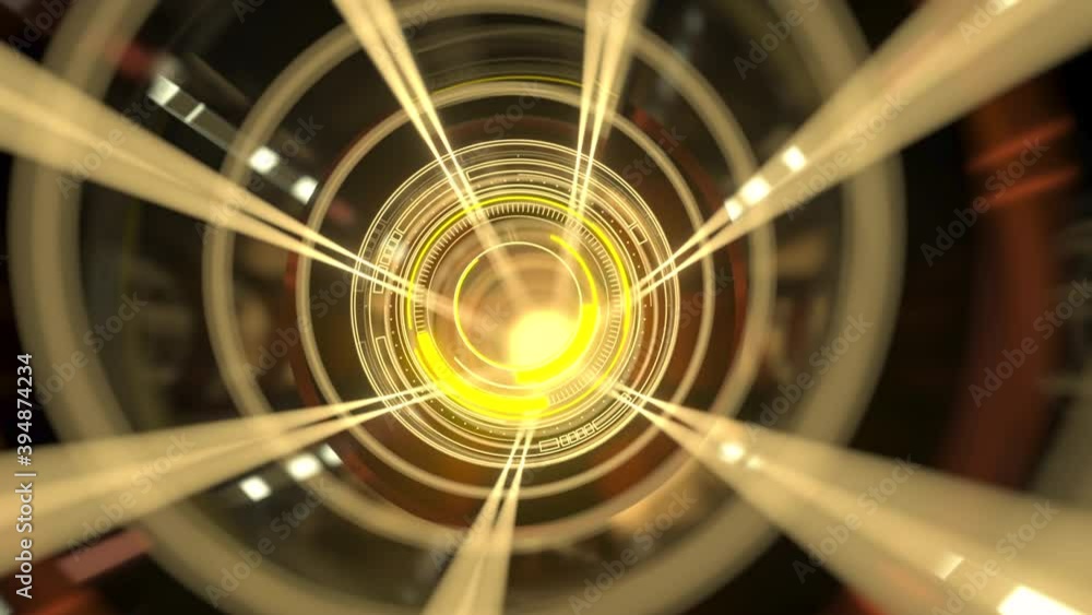 Poster dark tunnel with glowing hud elements, 3d rendering.