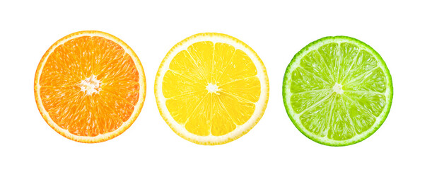 Orange lemon lime slice on white background