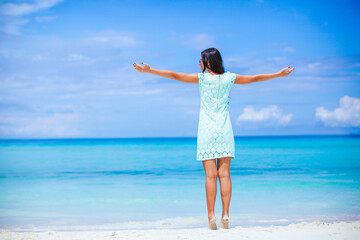 Fototapeta na wymiar Young fashion woman in dress on the beach