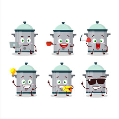 Cooking pan cartoon character with various types of business emoticons