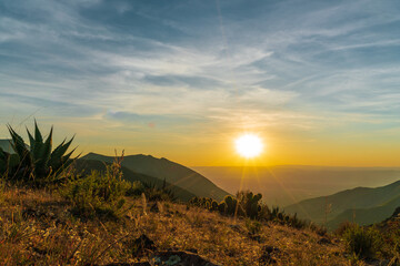 Sunset in rocky mountain desert with cactuses