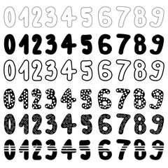 Set of cute numbers with different strokes and fills, six options for number signs with stripes, stars or circles