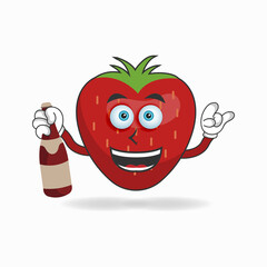 Strawberry mascot character holding a bottle. vector illustration