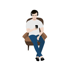 Realistic vector illustration of young man in the chair looking at the phone and listening music or audiobook with earphones, headphones.