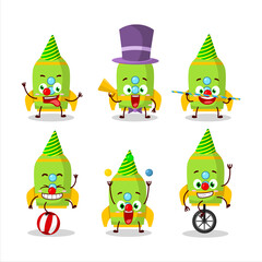 Cartoon character of green rocket firecracker with various circus shows