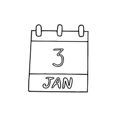 calendar hand drawn in doodle style. January 3. Drinking Straw Day, date. icon, sticker, element, design. planning, business holiday