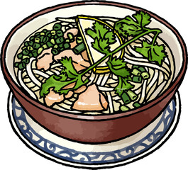 【手描き食べ物ベクターイラスト素材】鶏だしのフォー（ベトナム麺）のイラスト