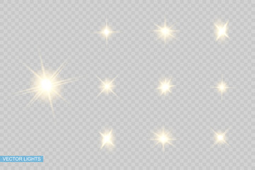 Glow isolated yellow light effect, lens flare, explosion, glitter, line, sun flash, spark and stars. Abstract special effect element design.