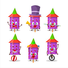Cartoon character of purple firecracker with various circus shows