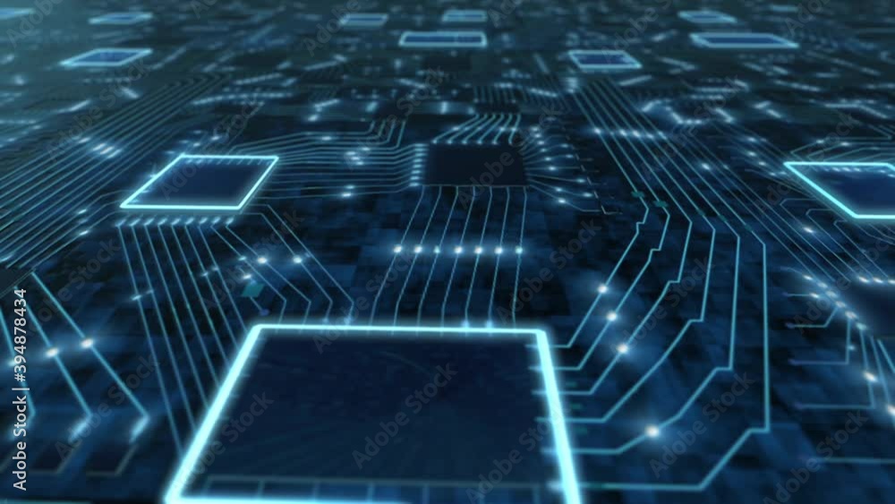 Aufkleber axonometric sci-fi digital blue background, printed circuit board with chips and electronic signals 