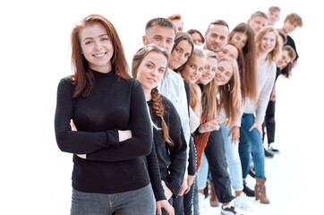 Obraz premium confident guy standing first in the column of young people