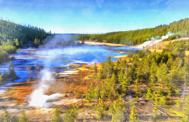 Obsidian Creek colorful painting looks like picture, Yellowstone National Park, USA.