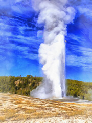 Old Faithful geyser colorful painting looks like picture, Yellowstone National Park, USA.