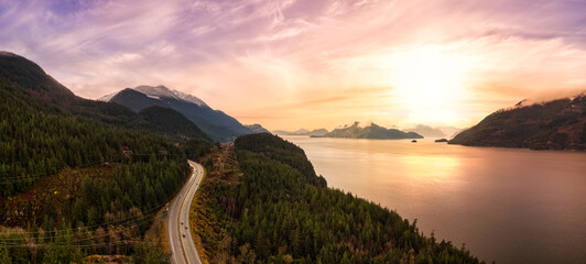 Sea to Sky Hwy in Howe Sound near Squamish, British Columbia, Canada. Aerial panoramic View....