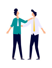 Two men in business suits hug each other by the shoulders, friends, support and assistance in business, cartoon vector illustration, flat icon