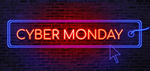 Cyber Monday sale neon sign. Brick wall as a background. Seasonal sale, shopping and store concept