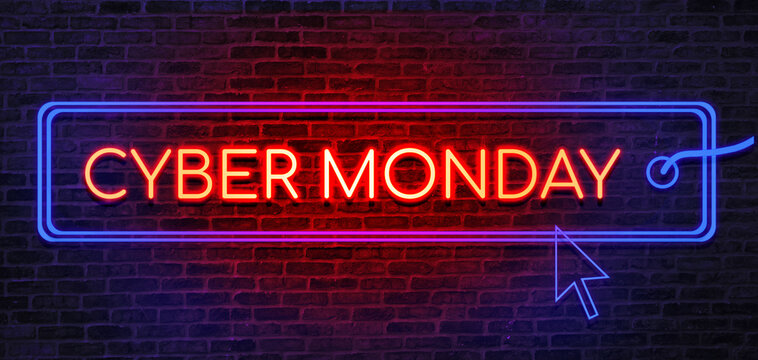 Cyber Monday sale neon sign. Brick wall as a background. Seasonal sale, shopping and store concept