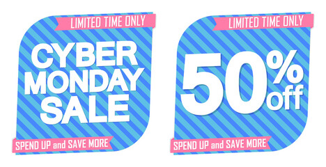 Cyber Monday Sale, 50% off, banners design template, discount tags, season offers, vector illustration