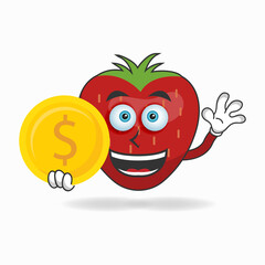 Strawberry mascot character holding coins. vector illustration