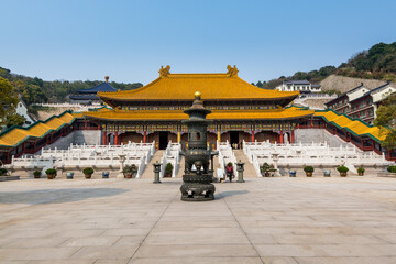 Chinese traditional royal style colorful temples in the Putuoshan mountains, Zhoushan Islands,  a renowned site in Chinese bodhimanda of the Guanyin