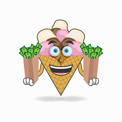 Ice Cream mascot character holding money. vector illustration