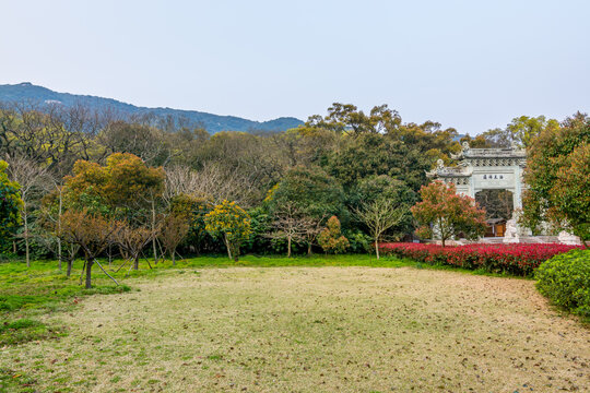  A Chinese traditional park and gate of Buddhist Fayu temple in Putuoshan, Zhoushan Islands,  a renowned site in Chinese bodhimanda of the bodhisattva Avalokitesvara