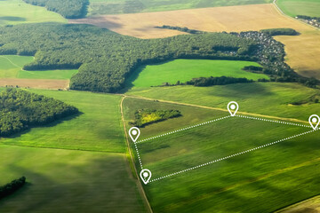 Land plot Consist of aerial view of greenfield, position point and boundary line to show location...