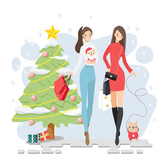 beautiful girl friend winter Christmas costume shopping together with their French bulldog puppy isolated on white background