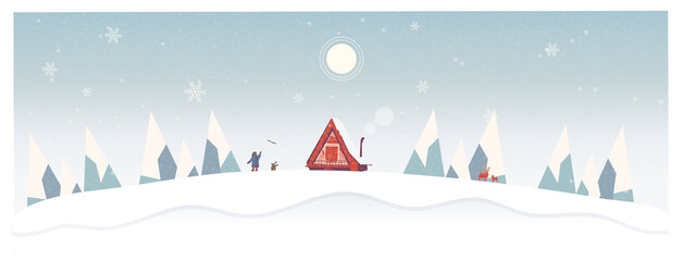 Vector Illustration of lonely in winterSelf Isolation Cabin in the snow 