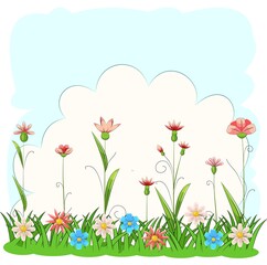 Blooming meadow with grass and flowers. Sky. Cartoon just style. Isolated on white background. Romantic fabulous illustration. Vector