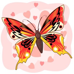 Red butterfly on an abstract background with hearts. Bright beautiful composition. Isolated object on white. Vector.