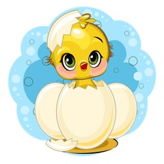 A little chick hatched from an egg. Funny chick. Cute and funny baby bird. The isolated object on a white background. Illustration. Cartoon style. Vector
