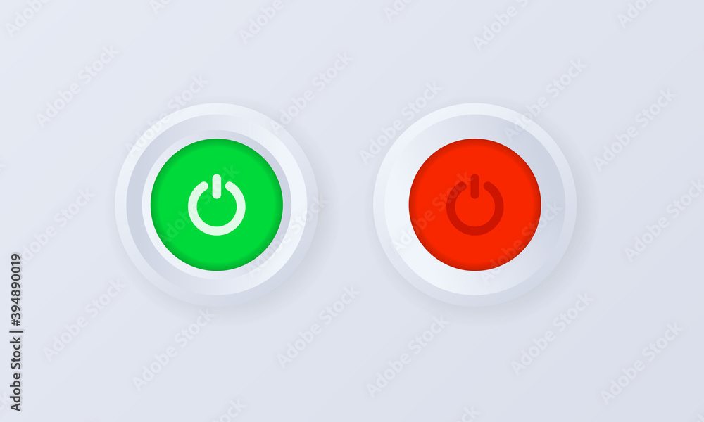 Poster power on button icon set. button, sign, badge in 3d style. power off. shut down button or power. vec