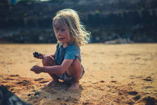 Little preschooler playing on the beach