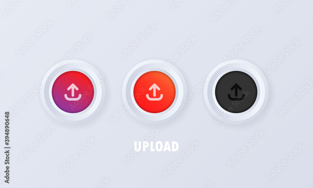 Poster upload button icon set. upload button, sign, badge in 3d style. arrow up. vector illustration. eps10