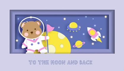 baby shower card with cute teddy bear standing on the moon for birthday card .