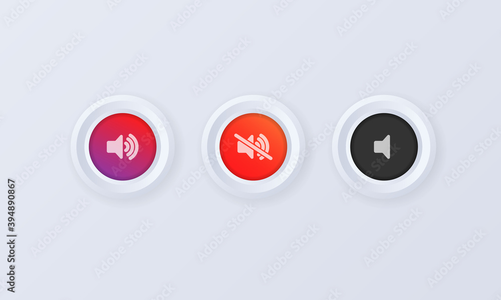 Poster sound volume button icon set. button, sign, badge in 3d style. sound volume up, down or mute control