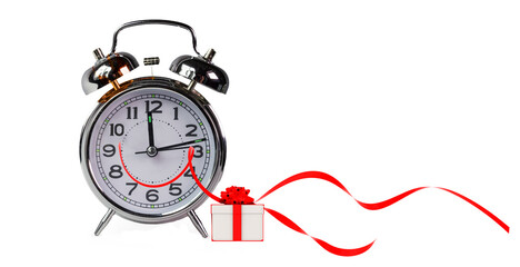 gift time clock box ribbon red white space for your text xmas background delivery - 3d rendering